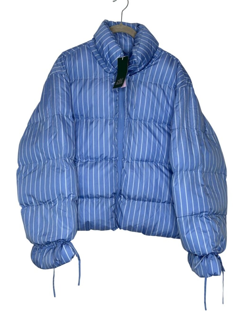 NWT Women's Bow Puffer Jacket - Wild Fable Blue Striped L MSRP $45